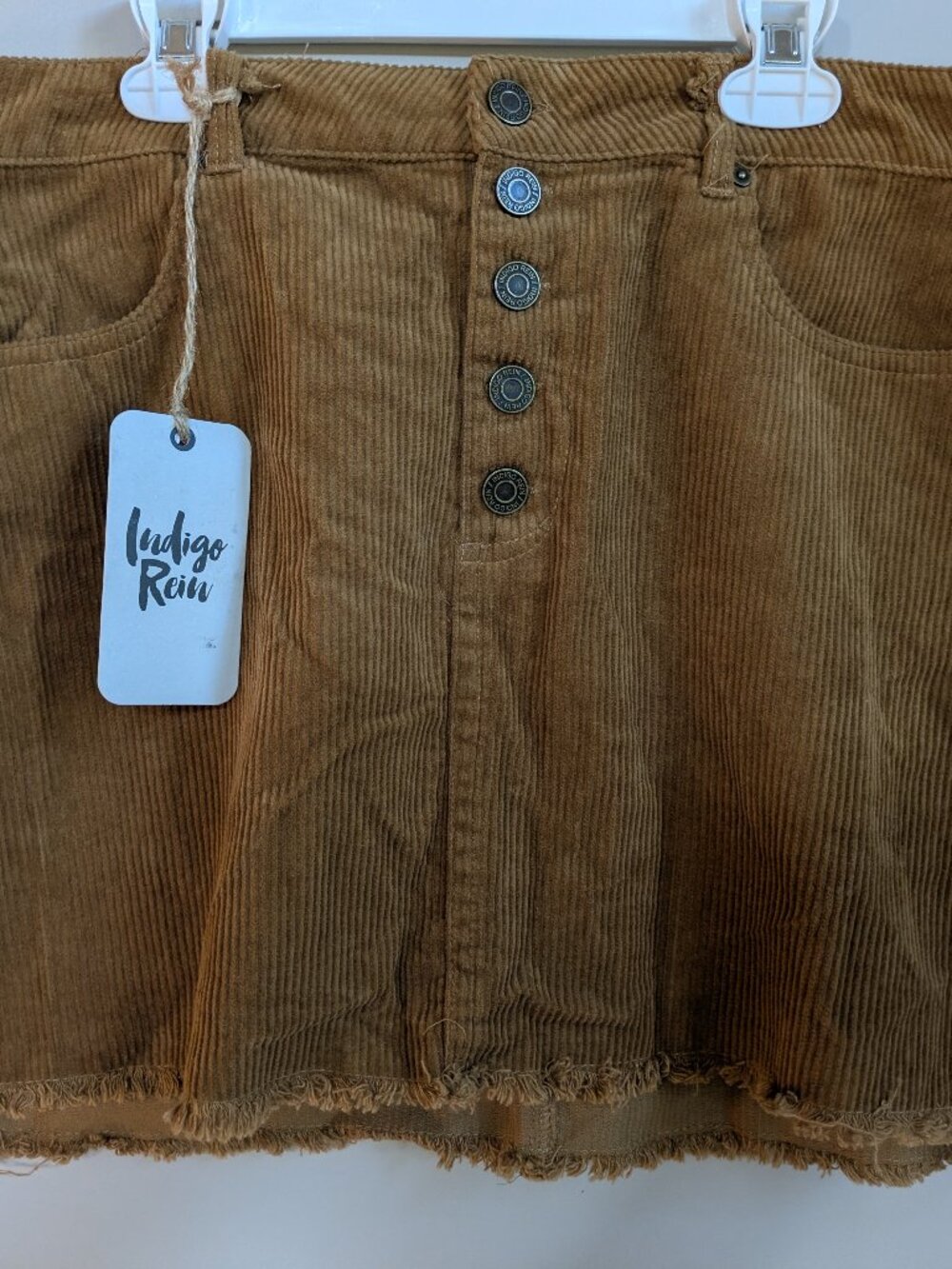 INDIGO Rein, Tan Corduroy Mini Skirt Size 9 Button Front Bohemian Frayed #169